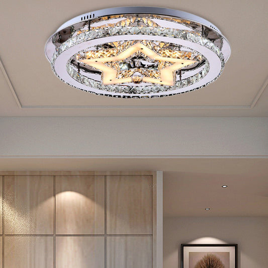 Modern Style Star Semi Flush Pendant Light with Round Shade Clear Crystal 16"/19.5"/23.5" W LED Ceiling Lighting in Chrome Clearhalo 'Ceiling Lights' 'Close To Ceiling Lights' 'Close to ceiling' 'Flush mount' Lighting' 155227