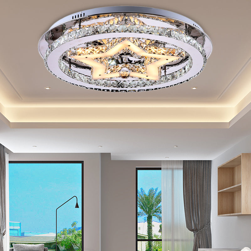 Modern Style Star Semi Flush Pendant Light with Round Shade Clear Crystal 16"/19.5"/23.5" W LED Ceiling Lighting in Chrome Chrome 19.5" Clearhalo 'Ceiling Lights' 'Close To Ceiling Lights' 'Close to ceiling' 'Flush mount' Lighting' 155228