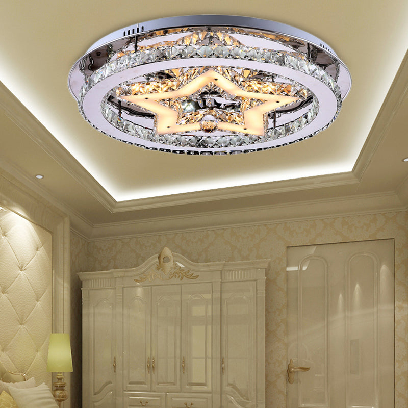 Modern Style Star Semi Flush Pendant Light with Round Shade Clear Crystal 16"/19.5"/23.5" W LED Ceiling Lighting in Chrome Chrome 16" Clearhalo 'Ceiling Lights' 'Close To Ceiling Lights' 'Close to ceiling' 'Flush mount' Lighting' 155230