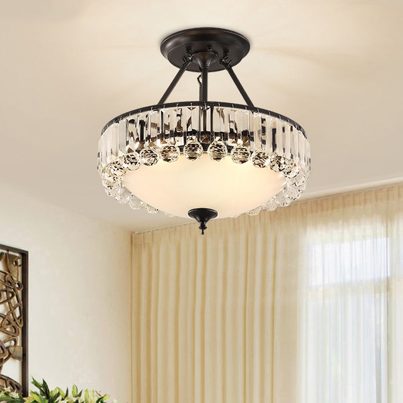 Vintage Round Semi Flush Light Clear K9 Crystal and Milk Glass 4 Lights Ceiling Mounted Fixture in Black Finish Clearhalo 'Ceiling Lights' 'Close To Ceiling Lights' 'Close to ceiling' 'Semi-flushmount' Lighting' 155247