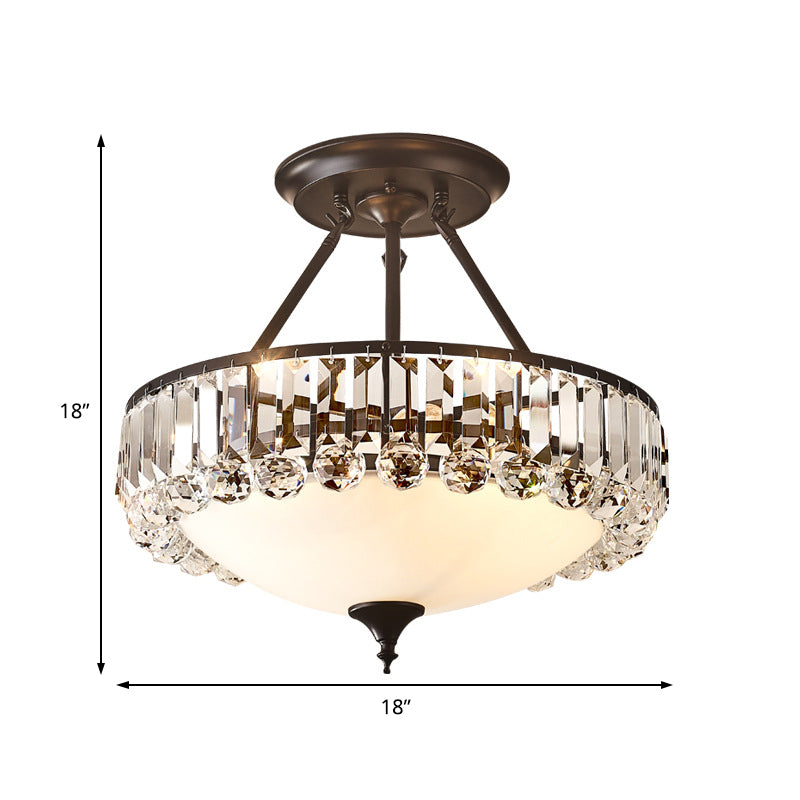 Vintage Round Semi Flush Light Clear K9 Crystal and Milk Glass 4 Lights Ceiling Mounted Fixture in Black Finish Clearhalo 'Ceiling Lights' 'Close To Ceiling Lights' 'Close to ceiling' 'Semi-flushmount' Lighting' 155249