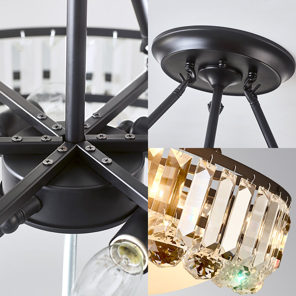 Vintage Round Semi Flush Light Clear K9 Crystal and Milk Glass 4 Lights Ceiling Mounted Fixture in Black Finish Clearhalo 'Ceiling Lights' 'Close To Ceiling Lights' 'Close to ceiling' 'Semi-flushmount' Lighting' 155250