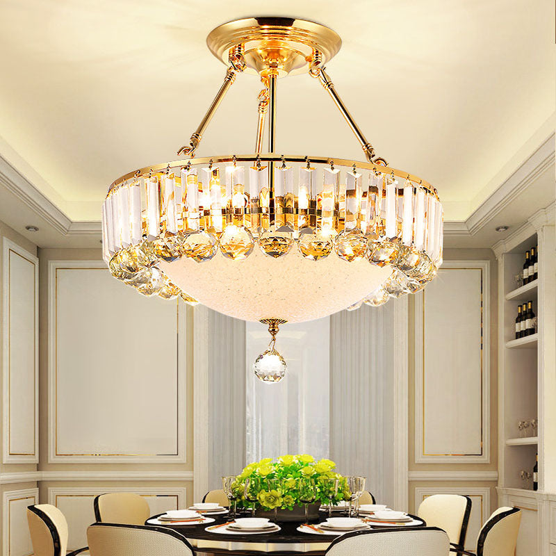 Drum Semi Mount Lighting Vintage Metal and Clear Crystal Ceiling Lighting with Milk Glass Diffuser in Gold Clearhalo 'Ceiling Lights' 'Close To Ceiling Lights' 'Close to ceiling' 'Semi-flushmount' Lighting' 155265