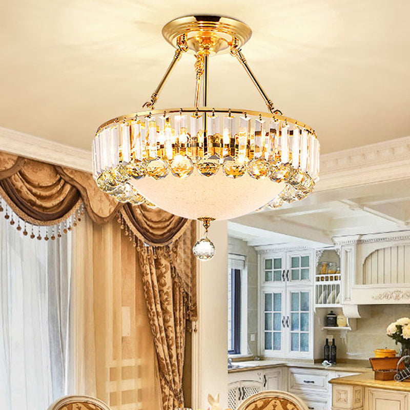 Drum Semi Mount Lighting Vintage Metal and Clear Crystal Ceiling Lighting with Milk Glass Diffuser in Gold Gold 20.5" Clearhalo 'Ceiling Lights' 'Close To Ceiling Lights' 'Close to ceiling' 'Semi-flushmount' Lighting' 155266