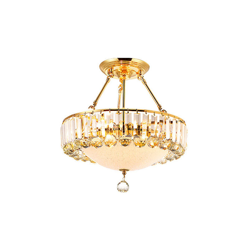 Drum Semi Mount Lighting Vintage Metal and Clear Crystal Ceiling Lighting with Milk Glass Diffuser in Gold Clearhalo 'Ceiling Lights' 'Close To Ceiling Lights' 'Close to ceiling' 'Semi-flushmount' Lighting' 155268