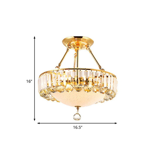 Drum Semi Mount Lighting Vintage Metal and Clear Crystal Ceiling Lighting with Milk Glass Diffuser in Gold Clearhalo 'Ceiling Lights' 'Close To Ceiling Lights' 'Close to ceiling' 'Semi-flushmount' Lighting' 155269