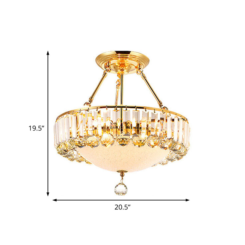 Drum Semi Mount Lighting Vintage Metal and Clear Crystal Ceiling Lighting with Milk Glass Diffuser in Gold Clearhalo 'Ceiling Lights' 'Close To Ceiling Lights' 'Close to ceiling' 'Semi-flushmount' Lighting' 155270