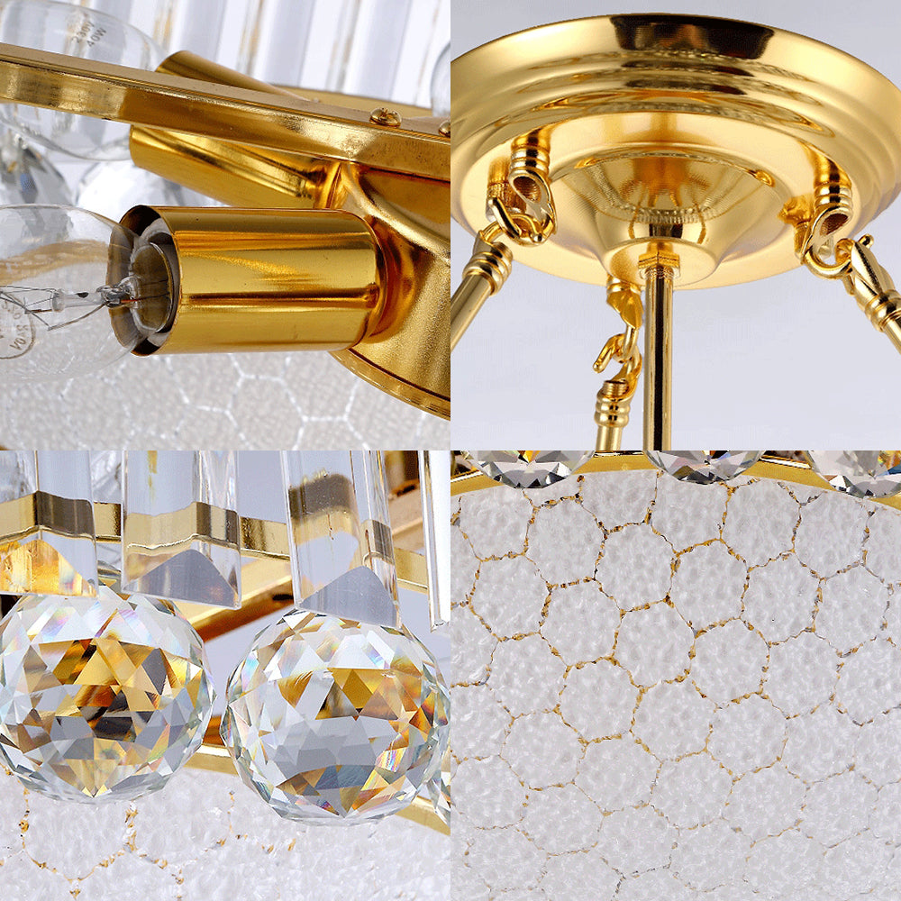 Drum Semi Mount Lighting Vintage Metal and Clear Crystal Ceiling Lighting with Milk Glass Diffuser in Gold Clearhalo 'Ceiling Lights' 'Close To Ceiling Lights' 'Close to ceiling' 'Semi-flushmount' Lighting' 155271