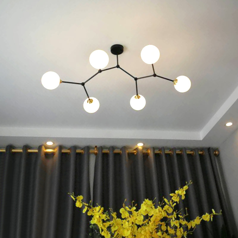 Modern Ball Pendant Light Clear/Milky White Glass 4/5/6-Head Dining Room Chandelier with Black/Gold Arm 6 Black Milk White Clearhalo 'Ceiling Lights' 'Chandeliers' 'Glass shade' 'Glass' 'Modern Chandeliers' 'Modern' Lighting' 155280