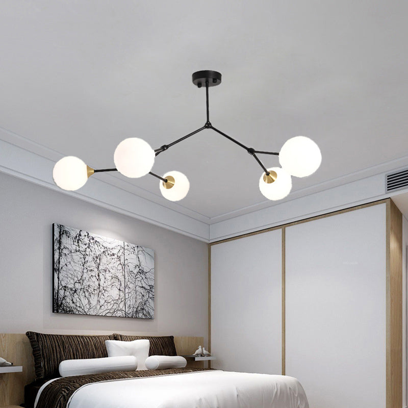 Modern Ball Pendant Light Clear/Milky White Glass 4/5/6-Head Dining Room Chandelier with Black/Gold Arm 5 Black Milk White Clearhalo 'Ceiling Lights' 'Chandeliers' 'Glass shade' 'Glass' 'Modern Chandeliers' 'Modern' Lighting' 155284