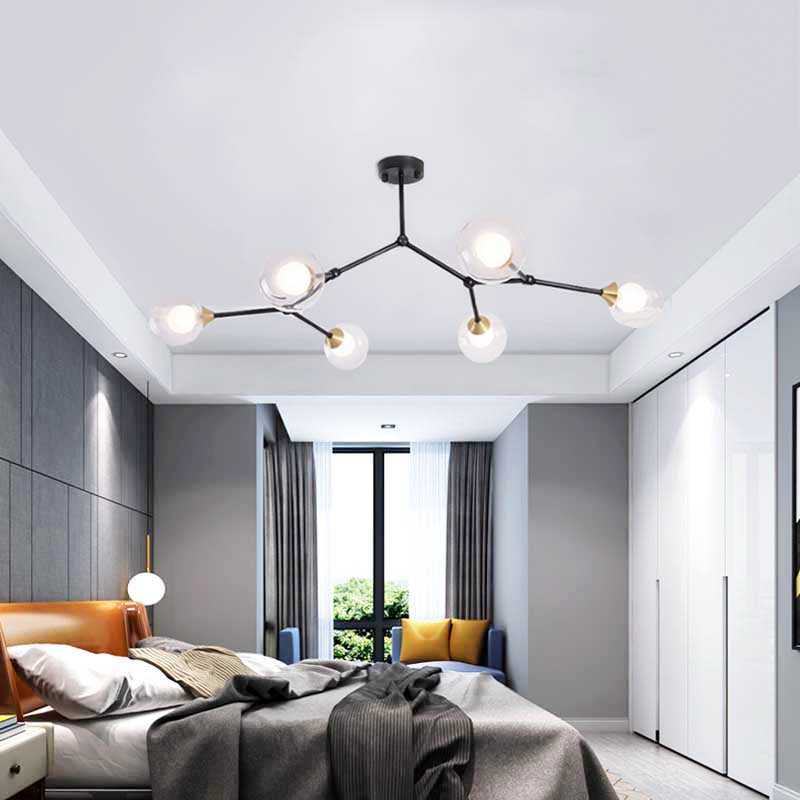 Modern Ball Pendant Light Clear/Milky White Glass 4/5/6-Head Dining Room Chandelier with Black/Gold Arm 6 Black Clear Clearhalo 'Ceiling Lights' 'Chandeliers' 'Glass shade' 'Glass' 'Modern Chandeliers' 'Modern' Lighting' 155292