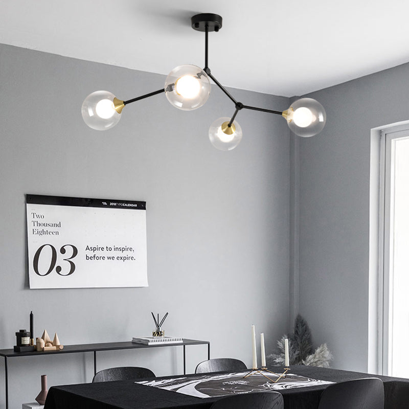 Modern Ball Pendant Light Clear/Milky White Glass 4/5/6-Head Dining Room Chandelier with Black/Gold Arm 4 Black Clear Clearhalo 'Ceiling Lights' 'Chandeliers' 'Glass shade' 'Glass' 'Modern Chandeliers' 'Modern' Lighting' 155300