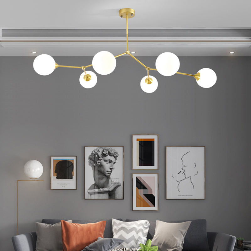 Modern Ball Pendant Light Clear/Milky White Glass 4/5/6-Head Dining Room Chandelier with Black/Gold Arm 6 Gold Milk White Clearhalo 'Ceiling Lights' 'Chandeliers' 'Glass shade' 'Glass' 'Modern Chandeliers' 'Modern' Lighting' 155316