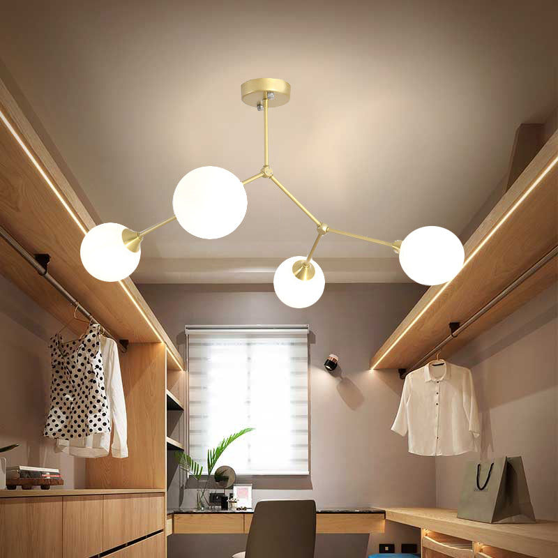 Modern Ball Pendant Light Clear/Milky White Glass 4/5/6-Head Dining Room Chandelier with Black/Gold Arm 4 Gold Milk White Clearhalo 'Ceiling Lights' 'Chandeliers' 'Glass shade' 'Glass' 'Modern Chandeliers' 'Modern' Lighting' 155324