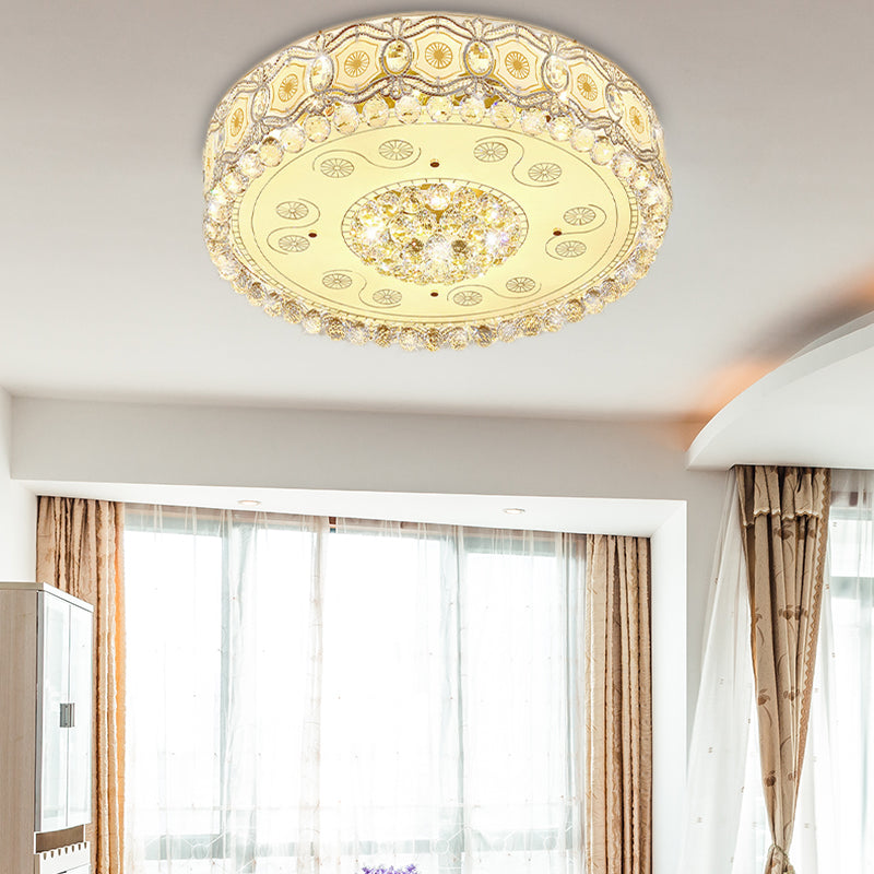 White Glass Circle Flush Light Vintage LED Flush Ceiling Lamp with Etched Design and Clear Crystal Accent Clearhalo 'Ceiling Lights' 'Close To Ceiling Lights' 'Close to ceiling' 'Flush mount' Lighting' 155330