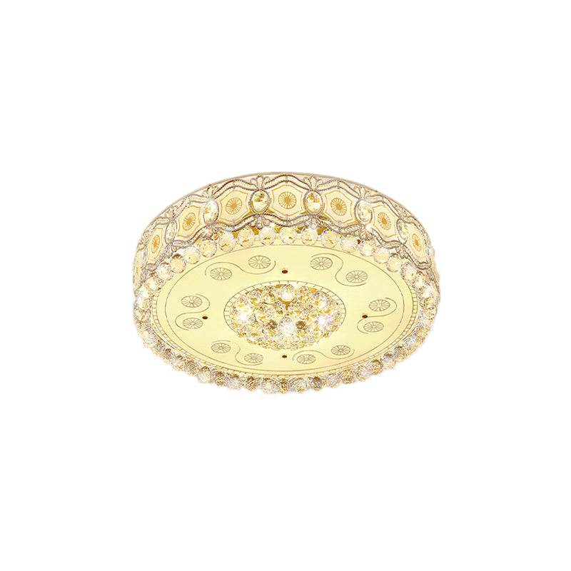 White Glass Circle Flush Light Vintage LED Flush Ceiling Lamp with Etched Design and Clear Crystal Accent Clearhalo 'Ceiling Lights' 'Close To Ceiling Lights' 'Close to ceiling' 'Flush mount' Lighting' 155331