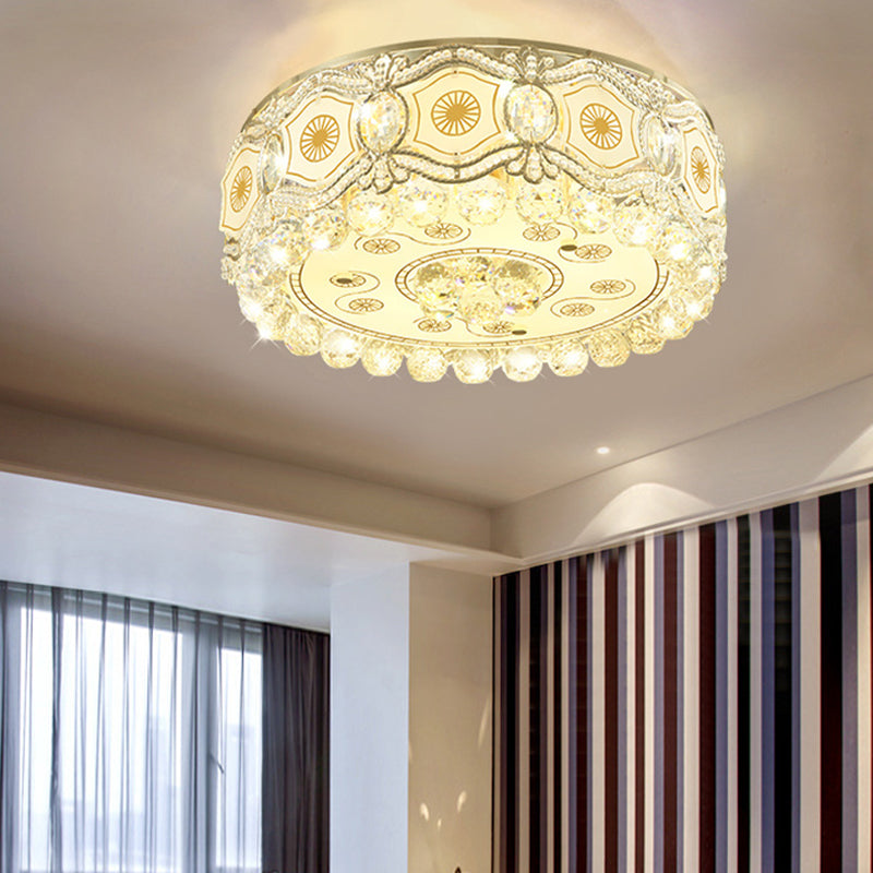 White Glass Circle Flush Light Vintage LED Flush Ceiling Lamp with Etched Design and Clear Crystal Accent White 18" Clearhalo 'Ceiling Lights' 'Close To Ceiling Lights' 'Close to ceiling' 'Flush mount' Lighting' 155334