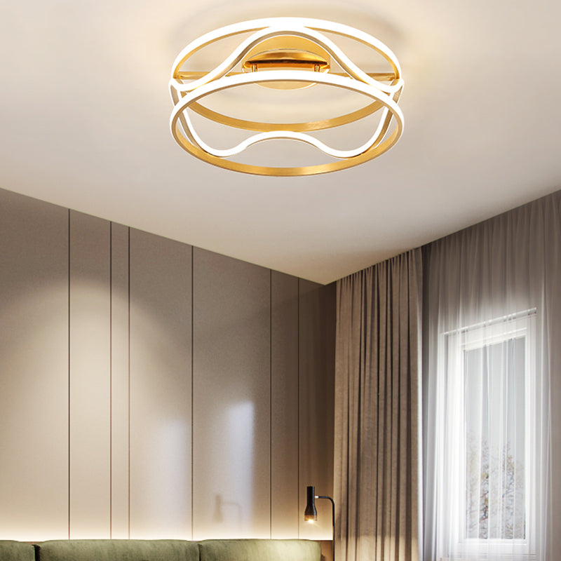 Drum Flush Mount Ceiling Light Modernism Metal Gold LED Ceiling Mounted Fixture for Bedroom in Warm/White, 18"/23.5" W Gold Clearhalo 'Ceiling Lights' 'Close To Ceiling Lights' 'Close to ceiling' 'Semi-flushmount' Lighting' 155367