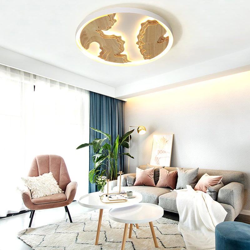 Round Flush Mount Lamp Contemporary Wood Gold/White Integrated LED Ceiling Light Fixture for Living Room, 16"/19.5"/23.5" Dia White Clearhalo 'Ceiling Lights' 'Close To Ceiling Lights' 'Close to ceiling' 'Flush mount' Lighting' 155438