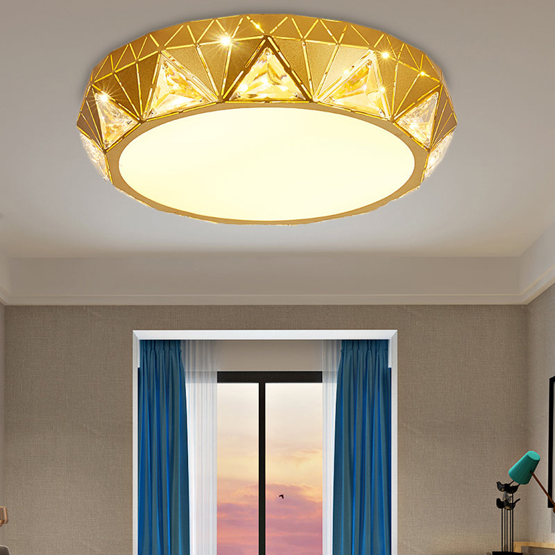 LED Geometric Ceiling Lamp Modern Metal and Acrylic Flush Mount Light with Triangle Crystal Accent in White/Gold, 12"/18" W Gold 18" Clearhalo 'Ceiling Lights' 'Close To Ceiling Lights' 'Close to ceiling' 'Flush mount' Lighting' 155493