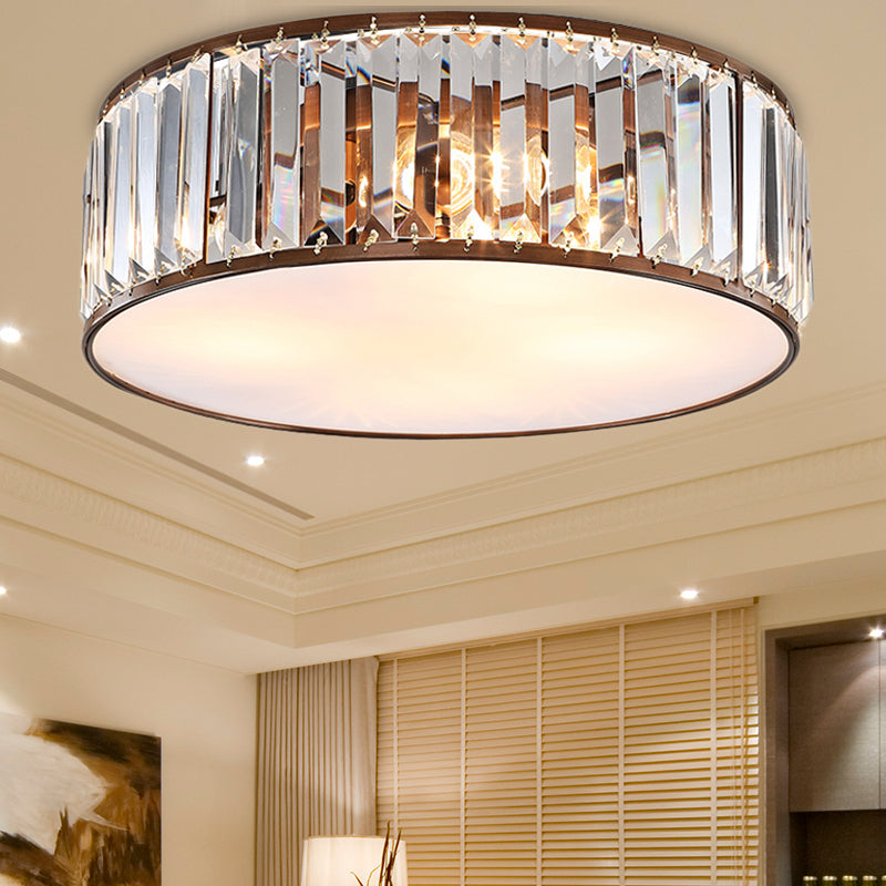 Bedroom Drum Flush Mount Lighting Metal Modern Black/Bronze Flush Ceiling Light with Crystal Block, 12.5"/16.5" Width Bronze 20.5" Clearhalo 'Ceiling Lights' 'Close To Ceiling Lights' 'Close to ceiling' 'Flush mount' Lighting' 155577