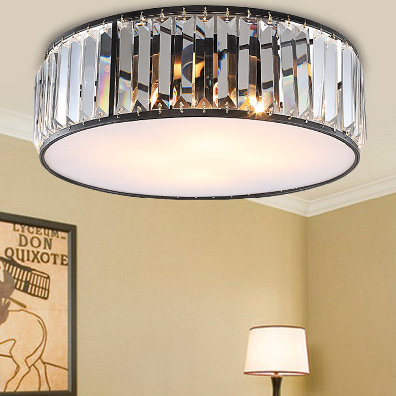 Bedroom Drum Flush Mount Lighting Metal Modern Black/Bronze Flush Ceiling Light with Crystal Block, 12.5"/16.5" Width Black 16.5" Clearhalo 'Ceiling Lights' 'Close To Ceiling Lights' 'Close to ceiling' 'Flush mount' Lighting' 155585