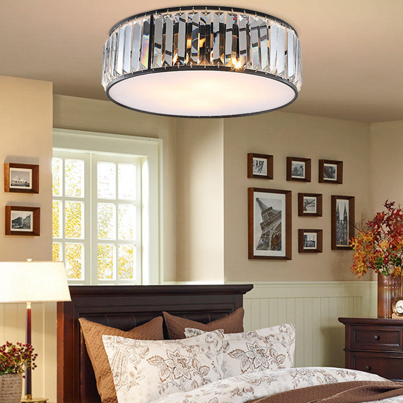 Bedroom Drum Flush Mount Lighting Metal Modern Black/Bronze Flush Ceiling Light with Crystal Block, 12.5"/16.5" Width Clearhalo 'Ceiling Lights' 'Close To Ceiling Lights' 'Close to ceiling' 'Flush mount' Lighting' 155586