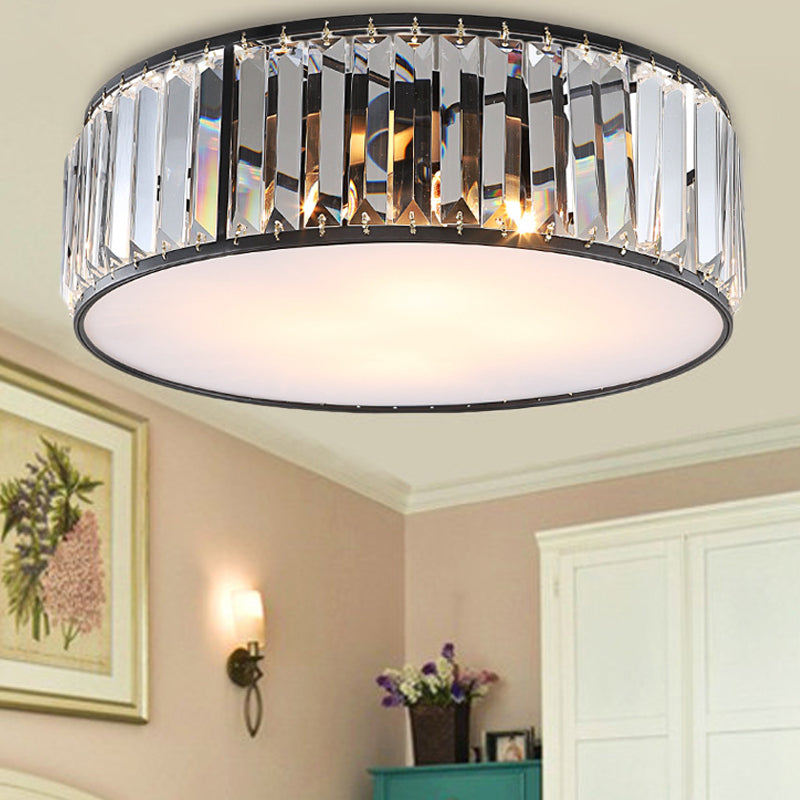 Bedroom Drum Flush Mount Lighting Metal Modern Black/Bronze Flush Ceiling Light with Crystal Block, 12.5"/16.5" Width Black 20.5" Clearhalo 'Ceiling Lights' 'Close To Ceiling Lights' 'Close to ceiling' 'Flush mount' Lighting' 155587