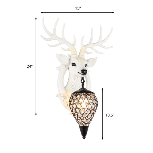 Brown/White Elk Wall Light Lodge Style Resin 1 Light Wall Mounted Light with Crystal Lantern Shade for Bedroom Clearhalo 'Wall Lamps & Sconces' 'Wall Lights' Lighting' 155649