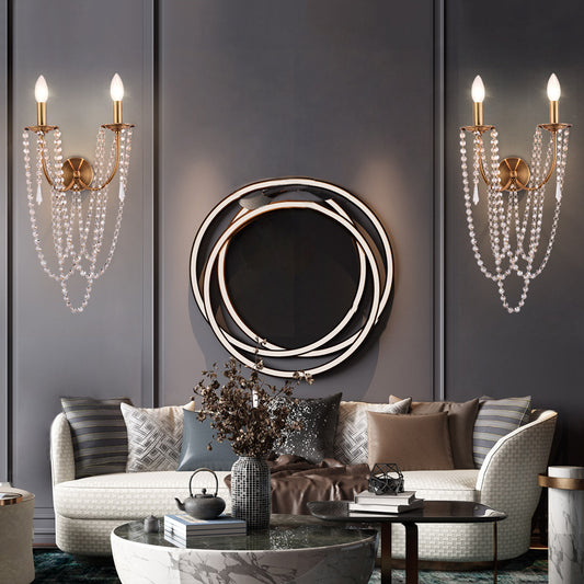 Bare Bulb Wall Sconce French Country Metal 2 Lights Wall Light Fixture with Crystal Beaded Strand in Gold Gold Clearhalo 'Cast Iron' 'Glass' 'Industrial' 'Modern wall lights' 'Modern' 'Tiffany' 'Traditional wall lights' 'Wall Lamps & Sconces' 'Wall Lights' Lighting' 155753