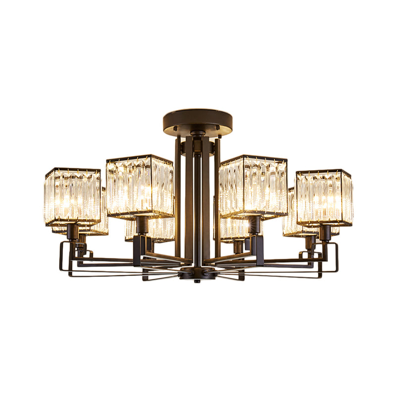 Black Squared Semi Flush Lighting 4/6/8 Lights Vintage Style Metal Ceiling Light Fixture with Crystal Prism for Bedroom Clearhalo 'Ceiling Lights' 'Close To Ceiling Lights' 'Close to ceiling' 'Semi-flushmount' Lighting' 155790