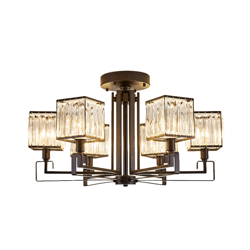 Black Squared Semi Flush Lighting 4/6/8 Lights Vintage Style Metal Ceiling Light Fixture with Crystal Prism for Bedroom Clearhalo 'Ceiling Lights' 'Close To Ceiling Lights' 'Close to ceiling' 'Semi-flushmount' Lighting' 155794