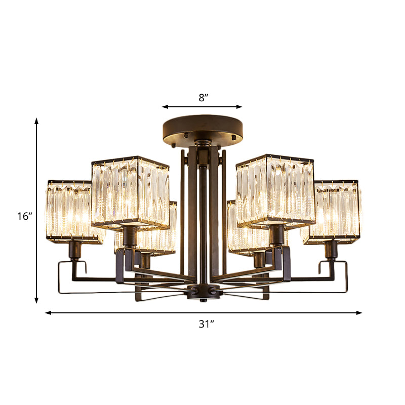 Black Squared Semi Flush Lighting 4/6/8 Lights Vintage Style Metal Ceiling Light Fixture with Crystal Prism for Bedroom Clearhalo 'Ceiling Lights' 'Close To Ceiling Lights' 'Close to ceiling' 'Semi-flushmount' Lighting' 155795