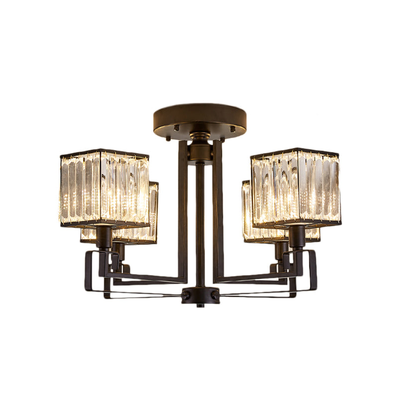 Black Squared Semi Flush Lighting 4/6/8 Lights Vintage Style Metal Ceiling Light Fixture with Crystal Prism for Bedroom Clearhalo 'Ceiling Lights' 'Close To Ceiling Lights' 'Close to ceiling' 'Semi-flushmount' Lighting' 155798