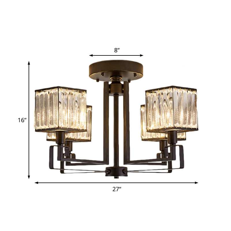 Black Squared Semi Flush Lighting 4/6/8 Lights Vintage Style Metal Ceiling Light Fixture with Crystal Prism for Bedroom Clearhalo 'Ceiling Lights' 'Close To Ceiling Lights' 'Close to ceiling' 'Semi-flushmount' Lighting' 155799