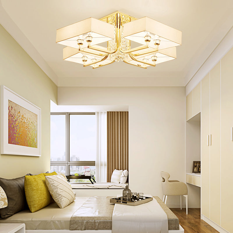 Modern Rectangle Ceiling Light Fabric and Metal Multi Light Semi Mount Lighting with Clear Crystal Deco in White, 23"/32.5" W White 37.5" Clearhalo 'Ceiling Lights' 'Close To Ceiling Lights' 'Close to ceiling' 'Semi-flushmount' Lighting' 155829