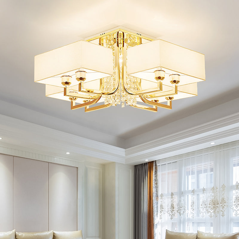 Modern Rectangle Ceiling Light Fabric and Metal Multi Light Semi Mount Lighting with Clear Crystal Deco in White, 23"/32.5" W White 32.5" Clearhalo 'Ceiling Lights' 'Close To Ceiling Lights' 'Close to ceiling' 'Semi-flushmount' Lighting' 155834