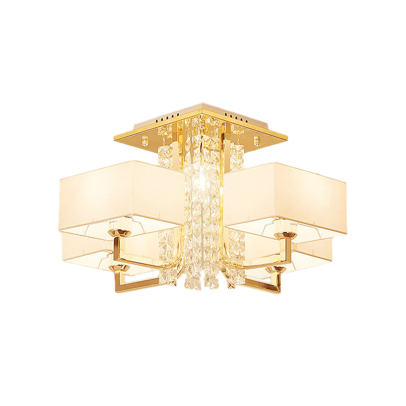 Modern Rectangle Ceiling Light Fabric and Metal Multi Light Semi Mount Lighting with Clear Crystal Deco in White, 23"/32.5" W Clearhalo 'Ceiling Lights' 'Close To Ceiling Lights' 'Close to ceiling' 'Semi-flushmount' Lighting' 155840