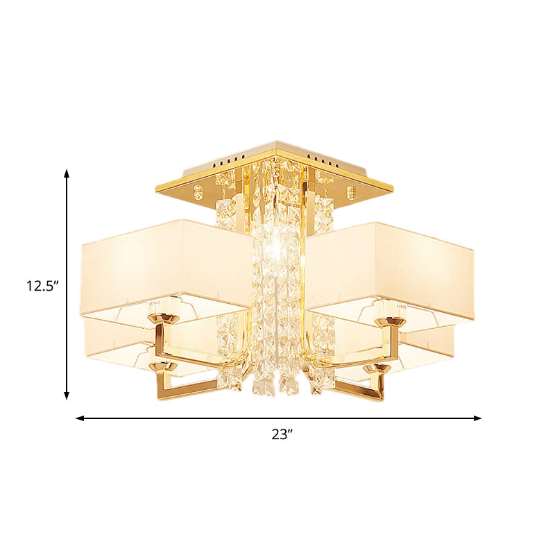 Modern Rectangle Ceiling Light Fabric and Metal Multi Light Semi Mount Lighting with Clear Crystal Deco in White, 23"/32.5" W Clearhalo 'Ceiling Lights' 'Close To Ceiling Lights' 'Close to ceiling' 'Semi-flushmount' Lighting' 155841