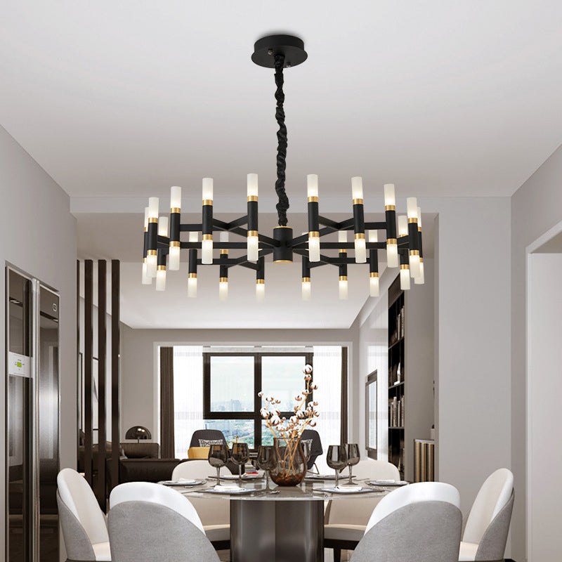 24/36/60 Lights LED Bedroom Chandelier with Tubular Iron Shade Modern Black/White Ceiling Pendant 36 Black Clearhalo 'Ceiling Lights' 'Chandeliers' 'Modern Chandeliers' 'Modern' Lighting' 155855