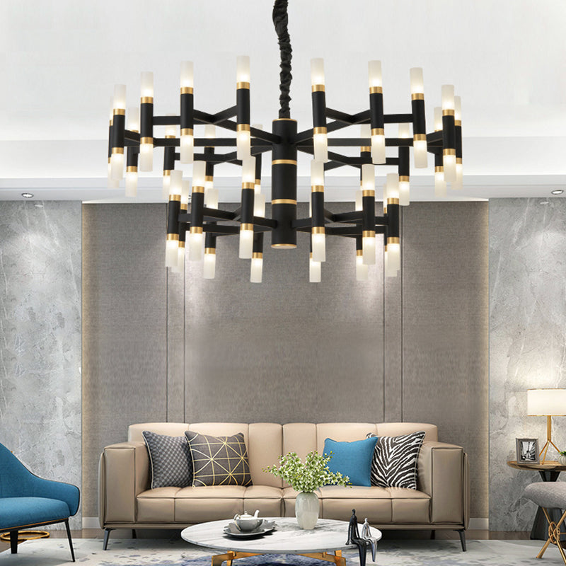 24/36/60 Lights LED Bedroom Chandelier with Tubular Iron Shade Modern Black/White Ceiling Pendant 60 Black Clearhalo 'Ceiling Lights' 'Chandeliers' 'Modern Chandeliers' 'Modern' Lighting' 155857