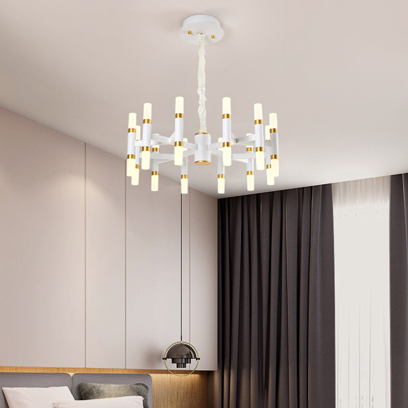 24/36/60 Lights LED Bedroom Chandelier with Tubular Iron Shade Modern Black/White Ceiling Pendant 24 White Clearhalo 'Ceiling Lights' 'Chandeliers' 'Modern Chandeliers' 'Modern' Lighting' 155867