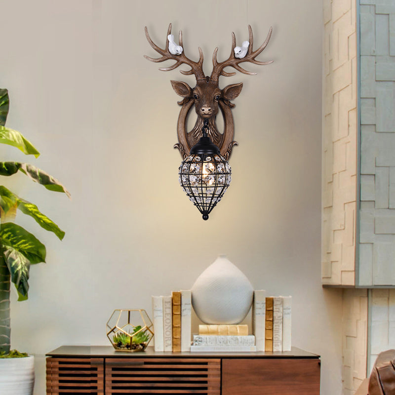 1 Light Deer Head Wall Lamp Countryside Resin Wall Sconce Lighting with Lantern Crystal Shade in White/Brown Brown A Clearhalo 'Modern wall lights' 'Modern' 'Wall Lamps & Sconces' 'Wall Lights' Lighting' 155884