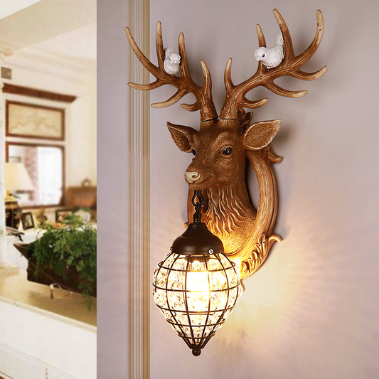 1 Light Deer Head Wall Lamp Countryside Resin Wall Sconce Lighting with Lantern Crystal Shade in White/Brown Clearhalo 'Modern wall lights' 'Modern' 'Wall Lamps & Sconces' 'Wall Lights' Lighting' 155885