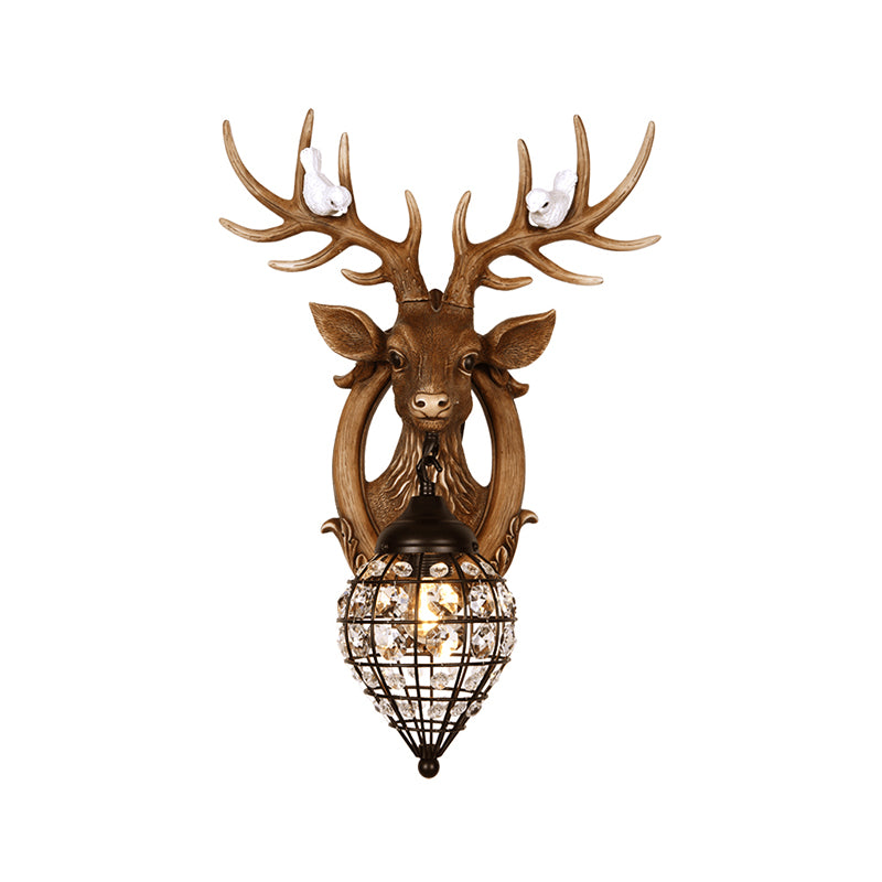 1 Light Deer Head Wall Lamp Countryside Resin Wall Sconce Lighting with Lantern Crystal Shade in White/Brown Clearhalo 'Modern wall lights' 'Modern' 'Wall Lamps & Sconces' 'Wall Lights' Lighting' 155886