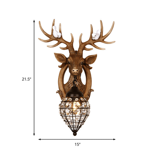 1 Light Deer Head Wall Lamp Countryside Resin Wall Sconce Lighting with Lantern Crystal Shade in White/Brown Clearhalo 'Modern wall lights' 'Modern' 'Wall Lamps & Sconces' 'Wall Lights' Lighting' 155887