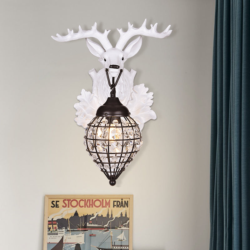 1 Light Deer Head Wall Lamp Countryside Resin Wall Sconce Lighting with Lantern Crystal Shade in White/Brown White C Clearhalo 'Modern wall lights' 'Modern' 'Wall Lamps & Sconces' 'Wall Lights' Lighting' 155888