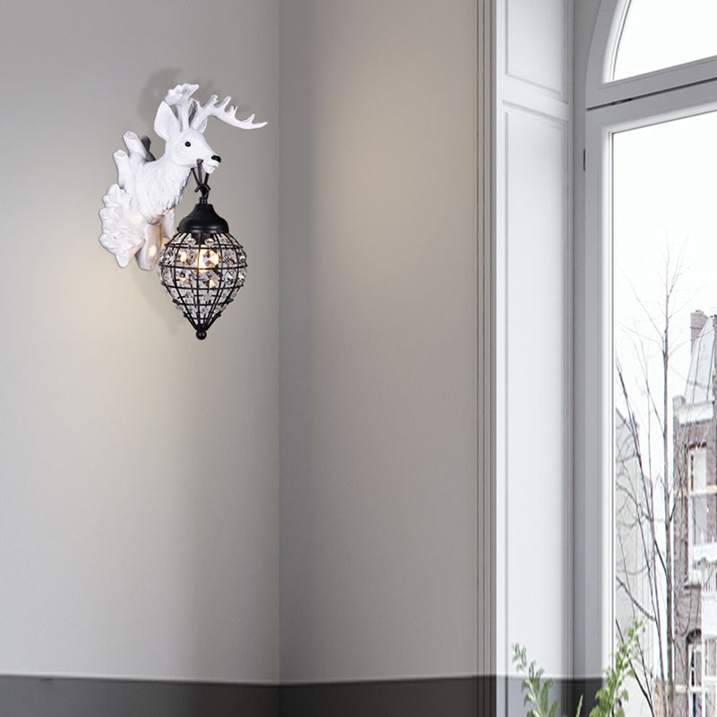 1 Light Deer Head Wall Lamp Countryside Resin Wall Sconce Lighting with Lantern Crystal Shade in White/Brown Clearhalo 'Modern wall lights' 'Modern' 'Wall Lamps & Sconces' 'Wall Lights' Lighting' 155889