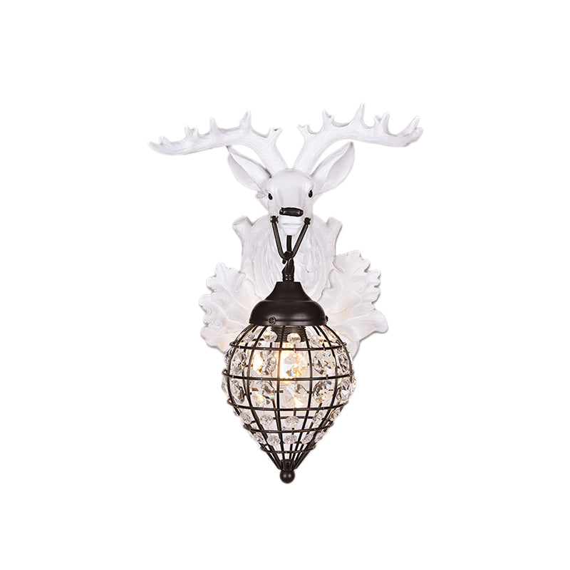 1 Light Deer Head Wall Lamp Countryside Resin Wall Sconce Lighting with Lantern Crystal Shade in White/Brown Clearhalo 'Modern wall lights' 'Modern' 'Wall Lamps & Sconces' 'Wall Lights' Lighting' 155890