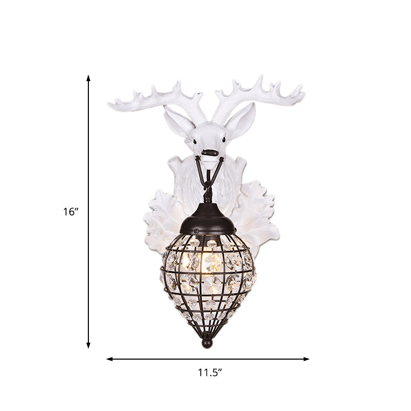 1 Light Deer Head Wall Lamp Countryside Resin Wall Sconce Lighting with Lantern Crystal Shade in White/Brown Clearhalo 'Modern wall lights' 'Modern' 'Wall Lamps & Sconces' 'Wall Lights' Lighting' 155891